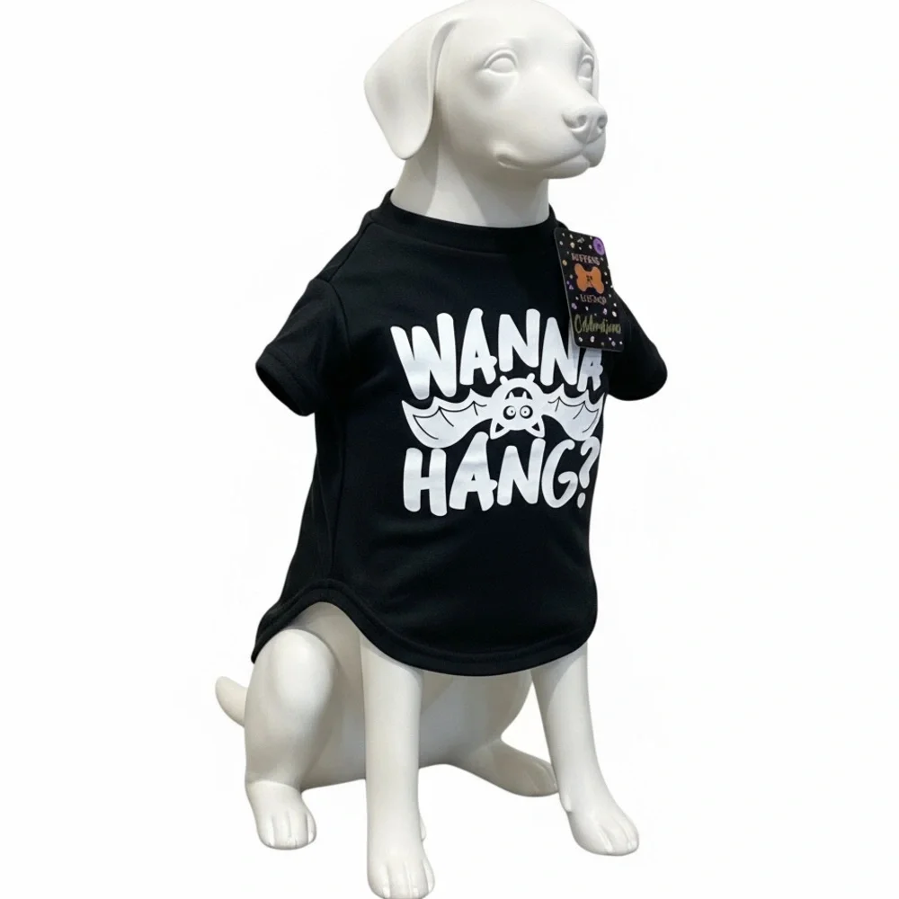 Wanna‎ Hang Dog tee Shirt Halloween Size medium Black Bat Design Buttons & Bone